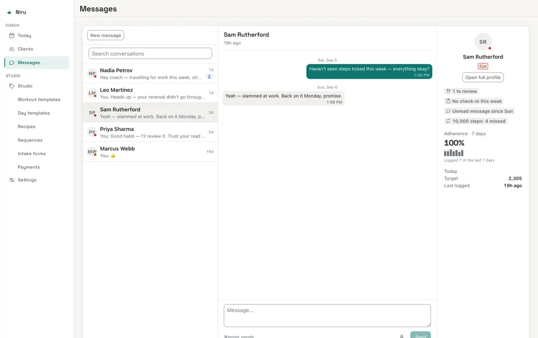 The Niru messages screen with a conversation open: a coach asks about missed steps, the client replies that they were slammed at work. A side rail shows the client's flags — one to review, no check-in this week, unread message, four missed step days — with 100 percent adherence over seven days and today's target.