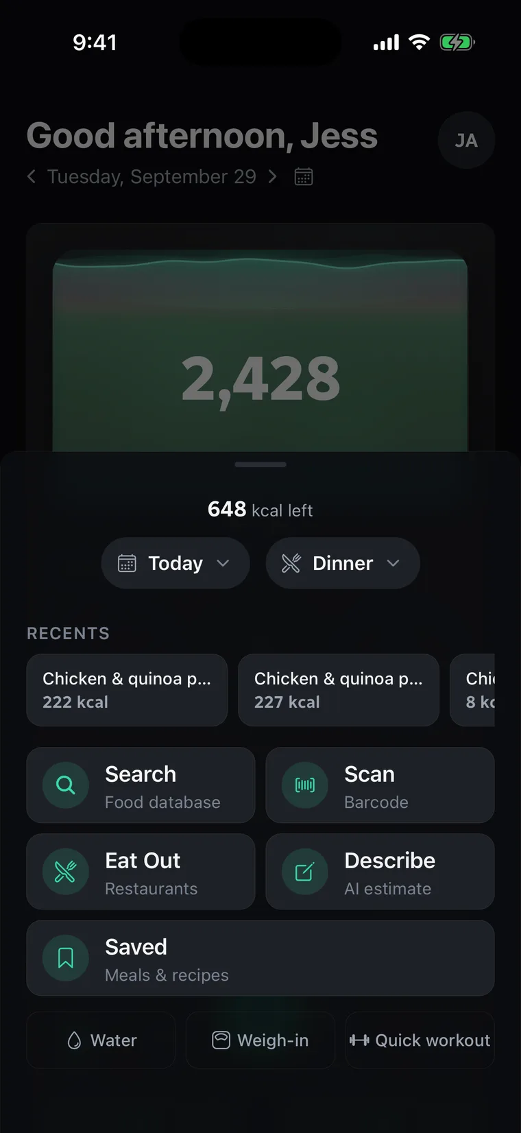 The Niru Add Food screen with its ways in across the top: Search, Eat Out, Describe, Saved and Quick Add.