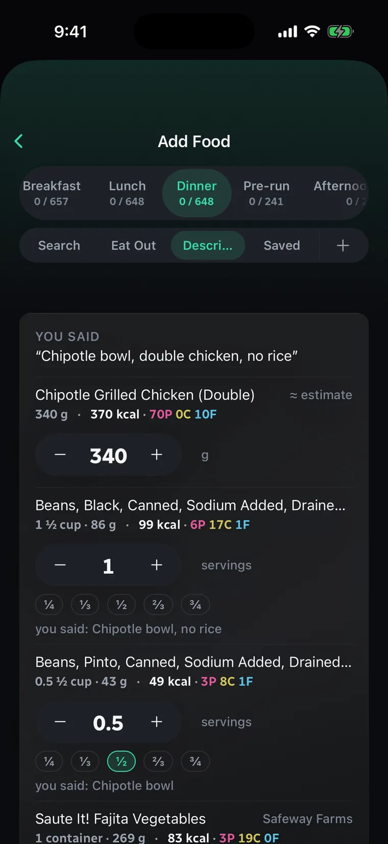 The Niru client app: a client typed “Chipotle bowl, double chicken, no rice” and got it back as real foods with numbers, double grilled chicken, black beans, fajita vegetables and salsa, each editable before logging.