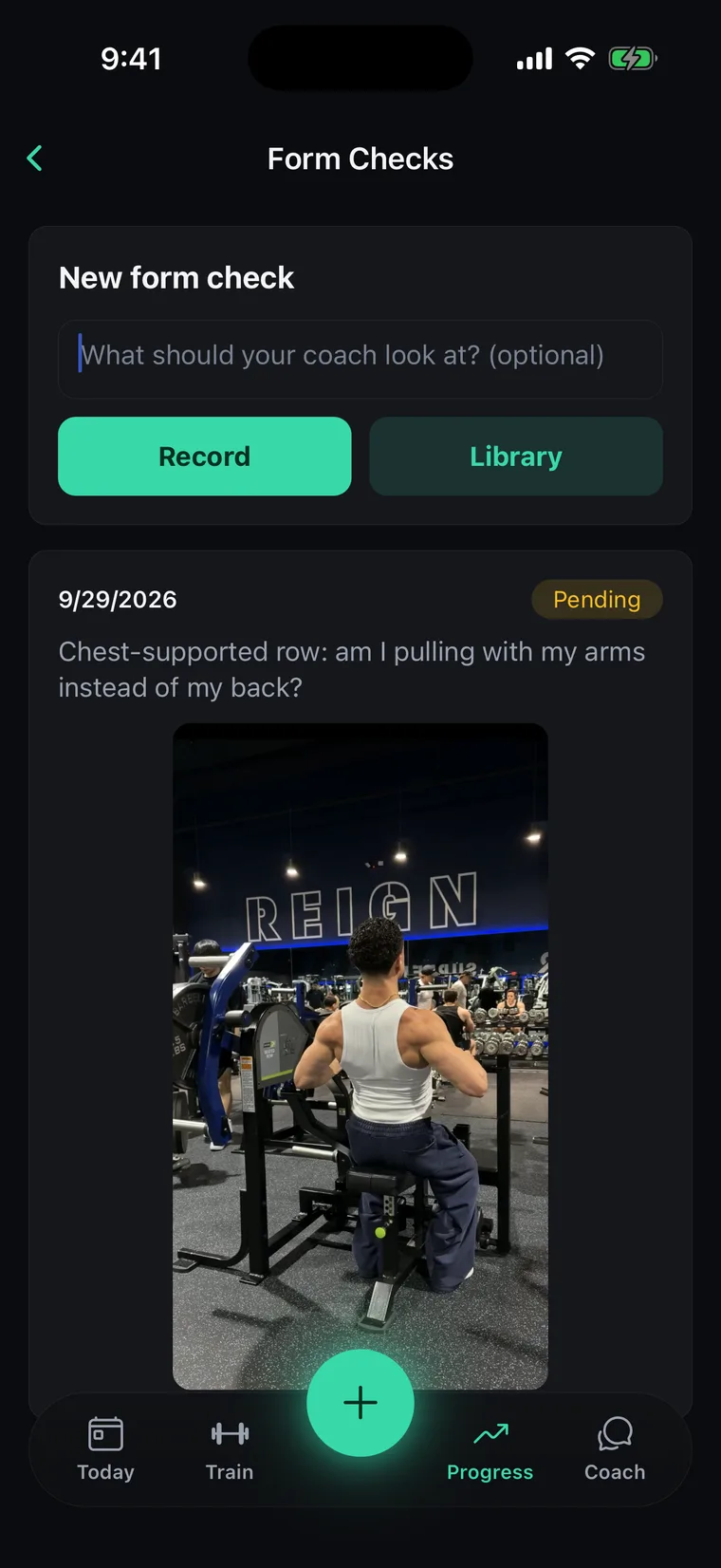 The Niru app's form checks: a client's chest-supported row, sent to their coach with the note “Chest-supported row: am I pulling with my arms instead of my back?”, marked pending the coach's review.