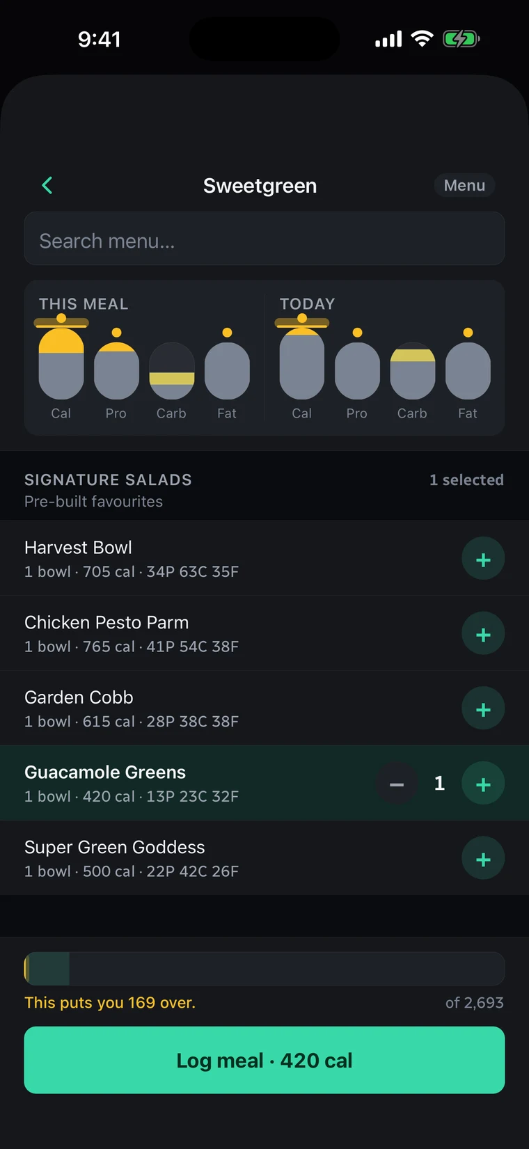 A Sweetgreen bowl picked from the menu in the Niru app: its calories and macros shown against this meal and against the whole day, before it is logged.