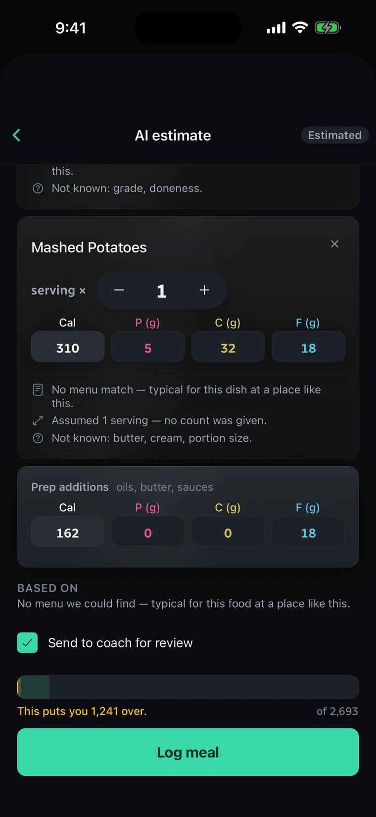 Further down the same estimate. The mashed potatoes are broken out with notes on what was assumed and what was not known, prep additions cover oils and butter, a Send to coach for review box is ticked, and the bar reads This puts you 1,241 over, of 2,693.