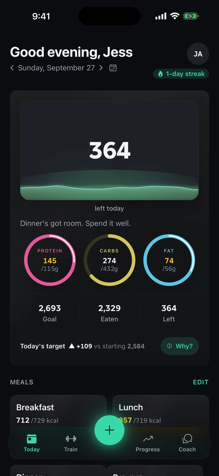 The client app's Today screen for Jess on Sunday, September 27. 364 calories left today, shown in the vessel, with rings for protein 145 of 115 g, carbs 274 of 432 g and fat 74 of 56 g. Goal 2,693, eaten 2,329, left 364. Today's target reads up 109 against a starting 2,584, beside a Why? button.